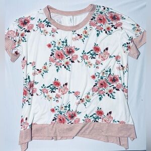 Honeyme Floral Striped Hem Oversized Top Women's Medium White Pink Soft Comfort
